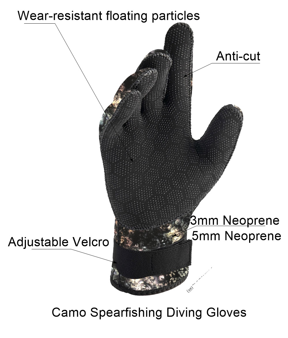 Camouflage-Tauchhandschuhe, 3 mm/5 mm, Neopren mit Schnallengürtel, Speerfischerhandschuhe zum Tauchen, Schnorcheln, Angeln, Wassersporthandschuhe